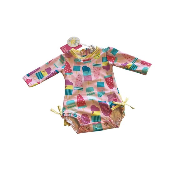 Ruffle Butts Baby Girls UPF 50+ Pink Ice Cream Print Long Sleeve Swimsuit - Picture 1 of 12